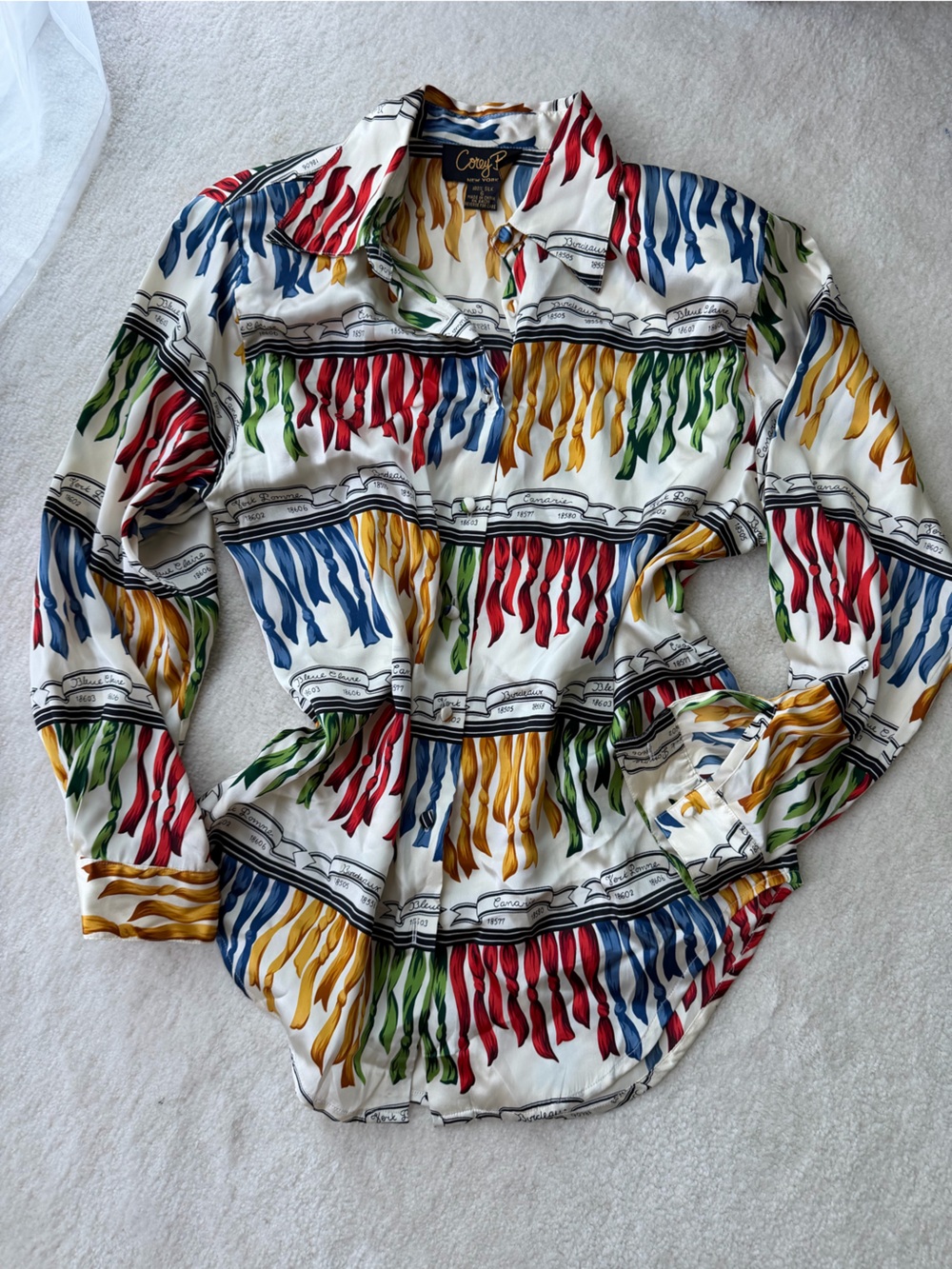 Vintage Corey B 100% Silk Colorful Ribbon Print Button-Up Blouse